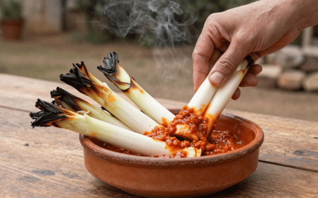 Calçots a la brasa con salsa romesco en restaurante de calçots en Sabadell